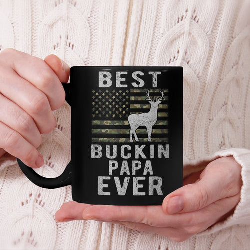 Best Bucking Papa Ever Camouflage American Flag Deer Hunting Beverage Mug