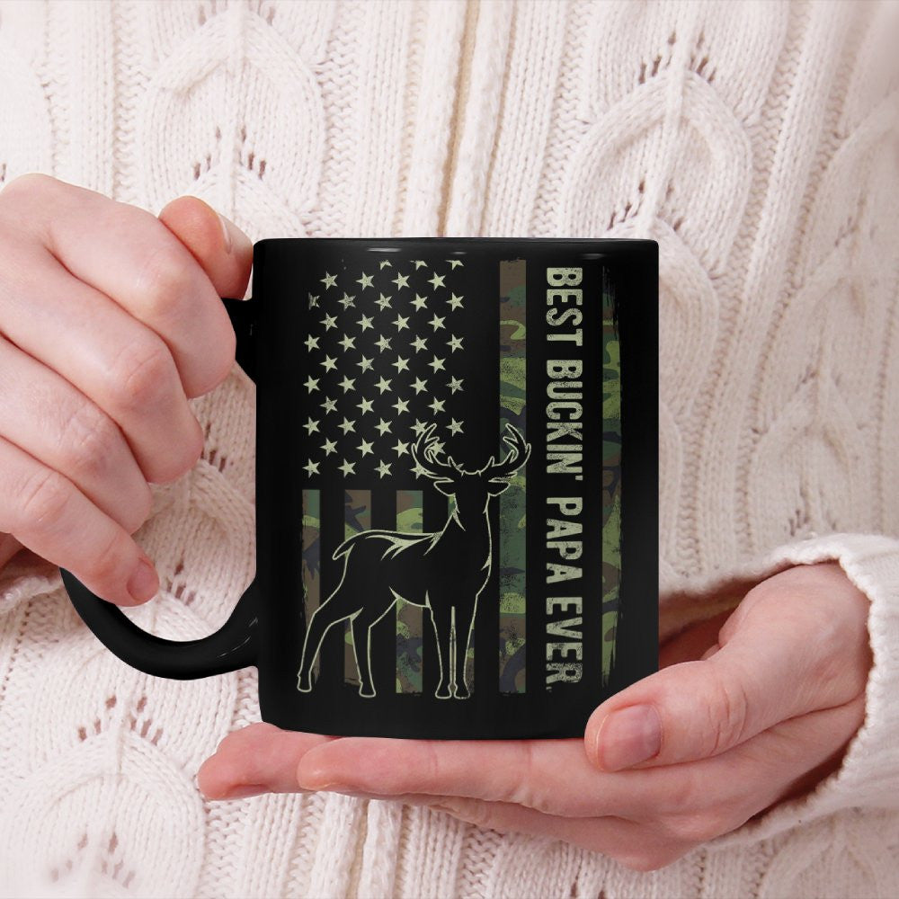 Best Buckin' Papa Camo American Flag Deer Hunting Beverage Mug