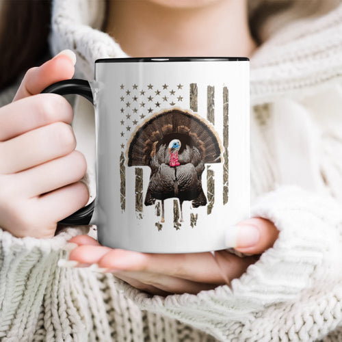 Turkey Hunting Graphic American Flag Tree Camouflage Accent Mug